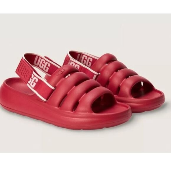 UGG Shoes - UGG Sport Yeah Sandals 9 Samba Red Slides logo Print Backstrap Resort Beach